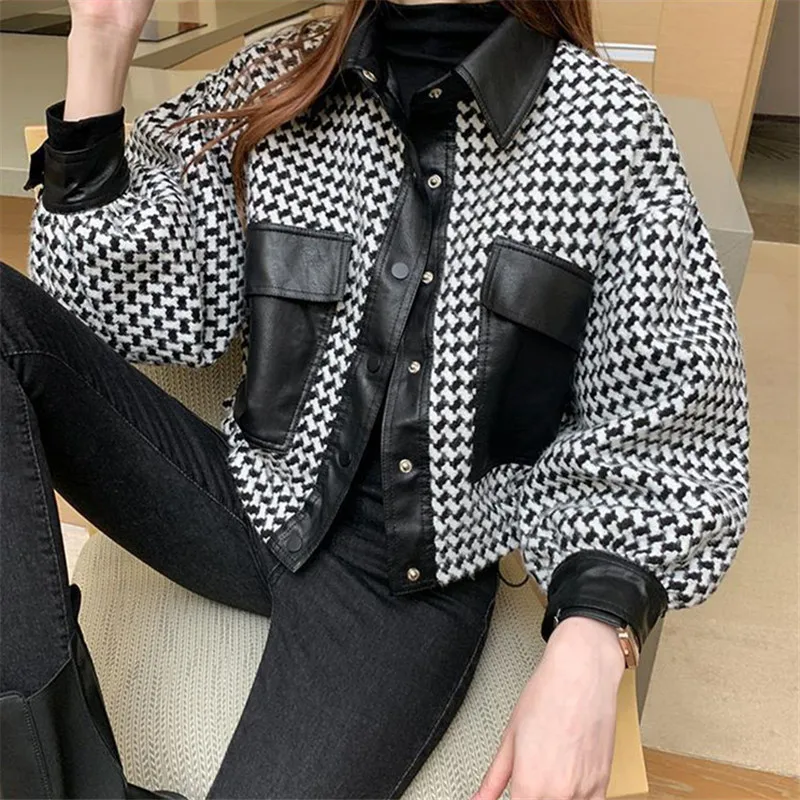 Weave Houndstooth Patchwork Faux Leather Jacket Spring Autumn 2023 Korean Single-breasted Long Sleeve Biker Jacket Casual Coat