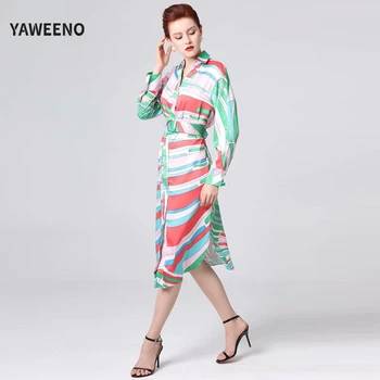 

Autumn New Fashion Retro Bohemian Elegant Lapel Long Sleeve Belt Collect Waist Single Breasted Shirt Women Mid-Length Dress