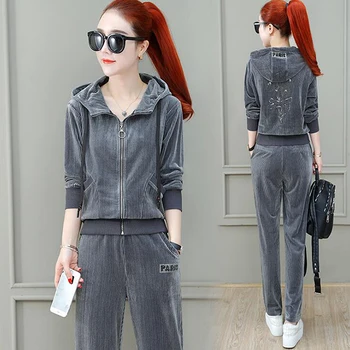 

2020 velvet casual sports suit hooded embroidery sweater trouser two-piece women sports suit large size Track and field clothing