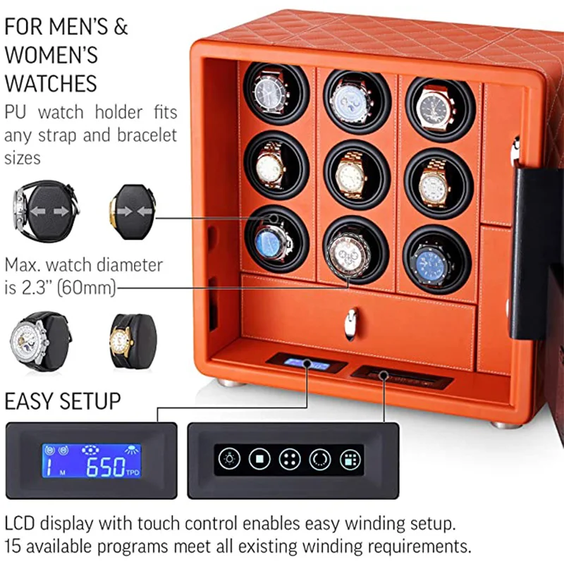 Custom Luxury Biometric Watch Winder Safe Box with 6, 9, or 12 Automatic Watch Rotating... - SKU LAWW1107 - UGI Packaging