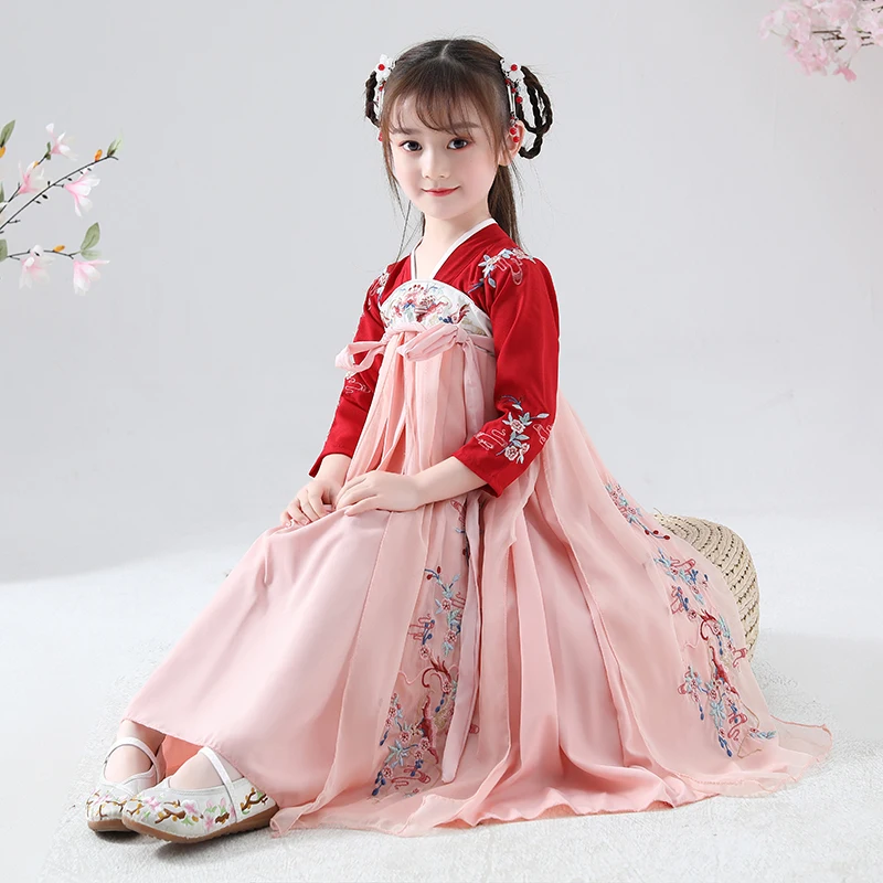 Chinese Style Embroidery Han Fu Princess Birthday Party Dance Perform Dress Traditional Wedding Evening Dress for Girls