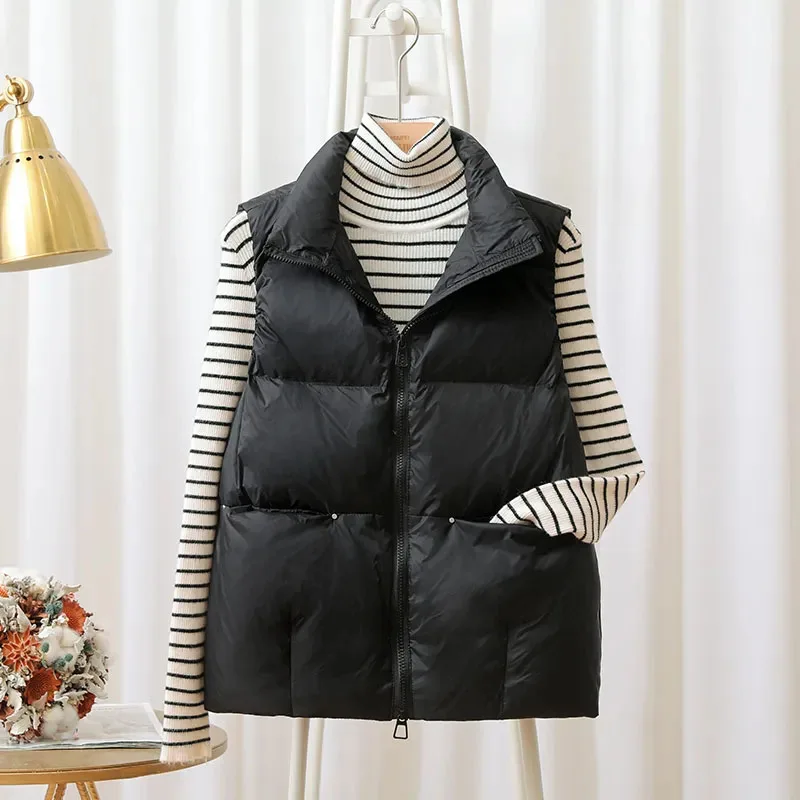 Women's Autumn Short White Duck Down Vest Stand Collar Fashion Loose  Down Puffer Jacket Fashion Winter Waistcoat Coat Femme - 3