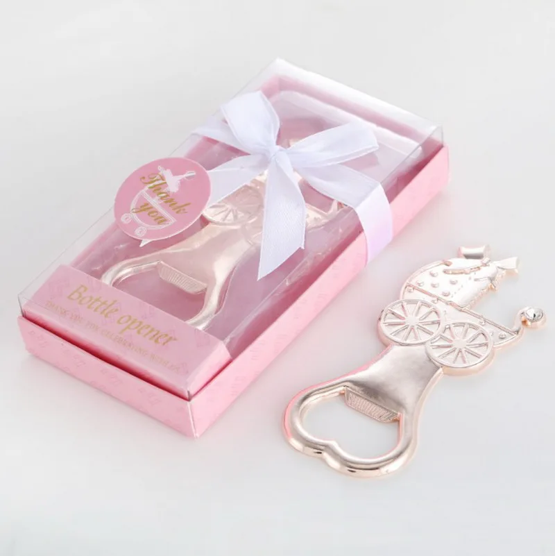 Золотая металлическая детская коляска, открывалка для бутылок оригинальной формы в розовой коробке для маленьких девочек на день рождения, раздаточный материал для гостей, 10 шт
