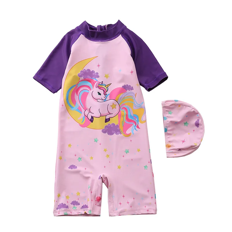 Children Swimsuit Baby Girl Unicorn Mermaid Girls Swimwear One Piece with Short Sleeve Sun Protection Swimming Suit Bath Suits