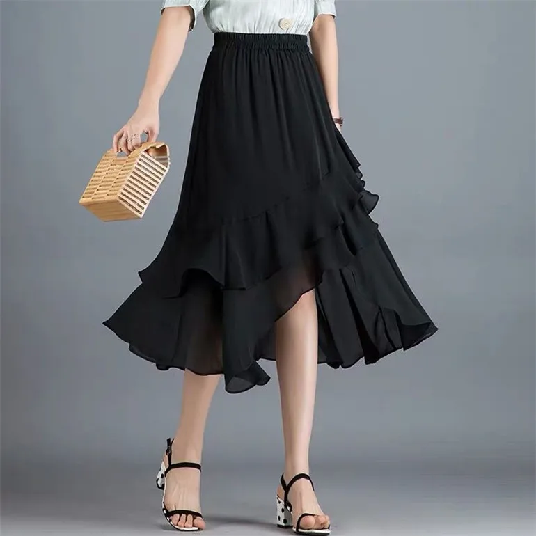 

M - 7XL Candy color Chiffon Ruffle Skirt Women Korean Asymmetrical High Waist long Skirt Elegant Ladies Mermaid Skirt plus size