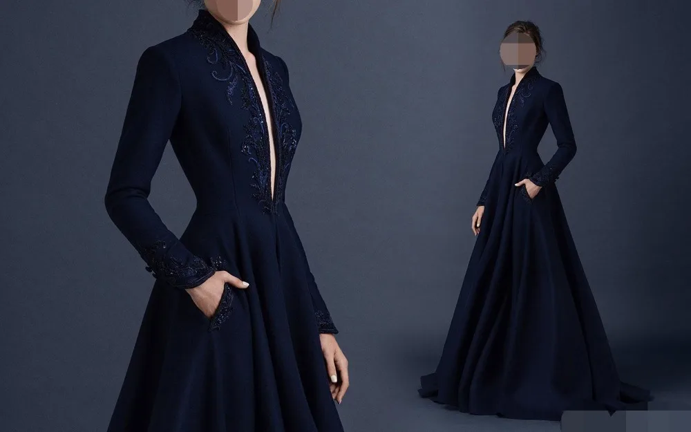 Темно-синее атласное вечернее платье es вышивка на заказ robe de soiree бисерное вечернее платье с глубоким v-образным вырезом вечернее платье
