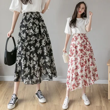 

Girls skirts Falda Aesthetic Print Floral Fluffy Chiffon Sexy Irregular Long Skirt 2020 Summer Cake High Waist Black Red Brown