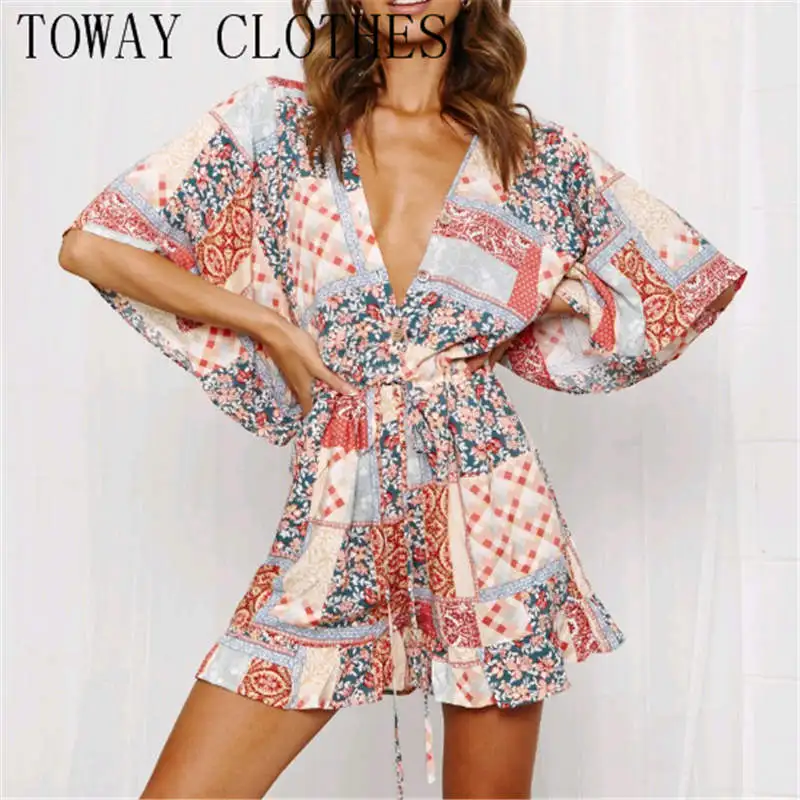 

women Summer Floral Print Buttoned Drawstring Ruffles Romper