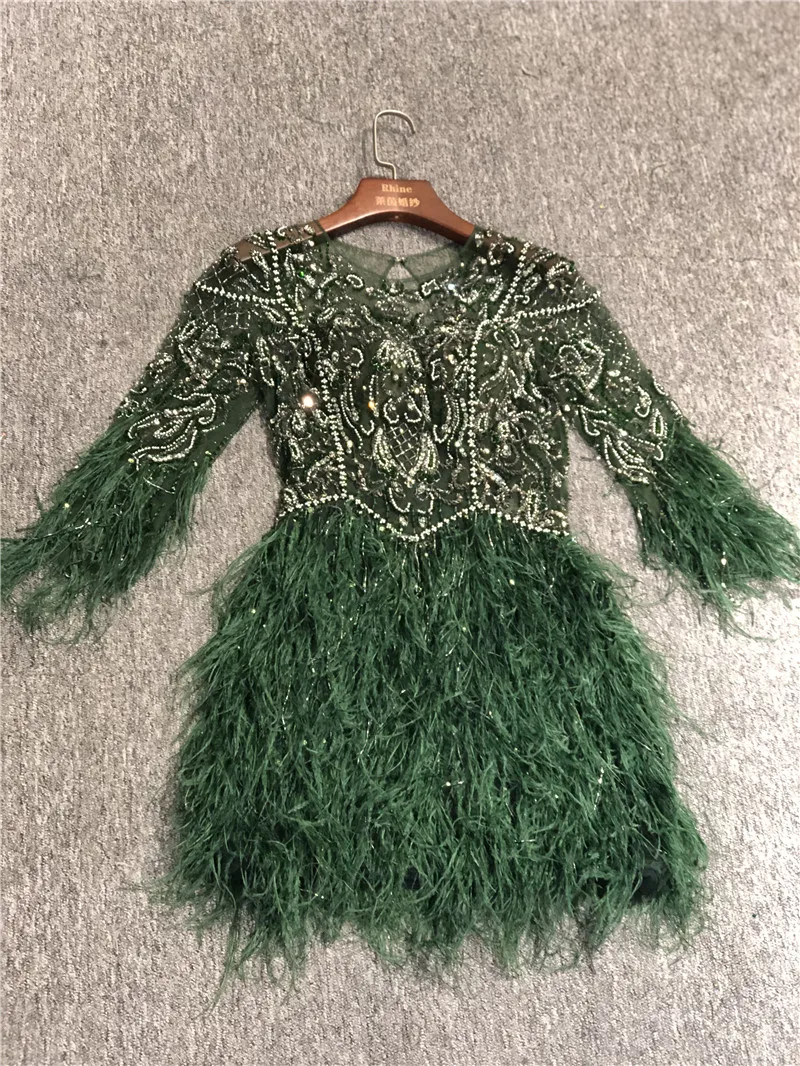 100% Real Pictures Dark Green Luxurious Beads with Feathers Knee Lenght Formal Prom Party Celebrity Dance Evening Dresses | Свадьбы и