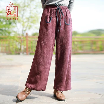 

LZJN Women Autumn Winter Pants Straight Trousers Pockets Elastic Waistband Drawstring Jacquard Turnip Trousers Pantalons Femme