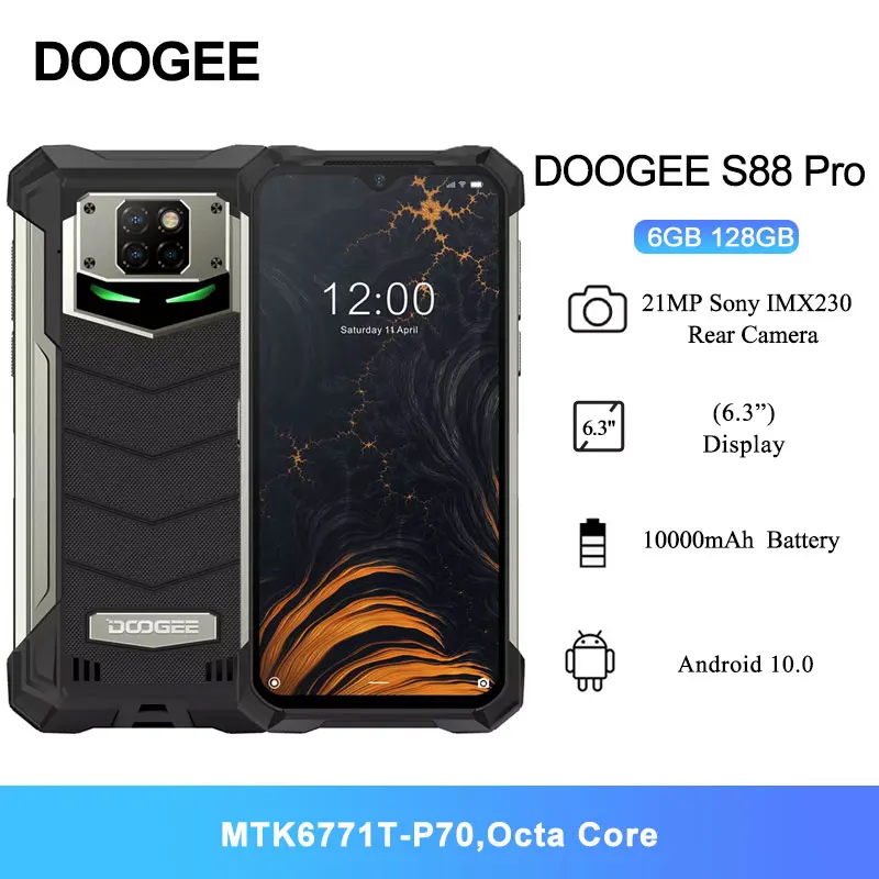 DOOGEE S88 Pro IP68 IP69K Rugged Phone 10000mAh 6.3'' FHD+ Smartphone Helio P70 Octa Core 6GB 128GB Android 10 Cell | Мобильные