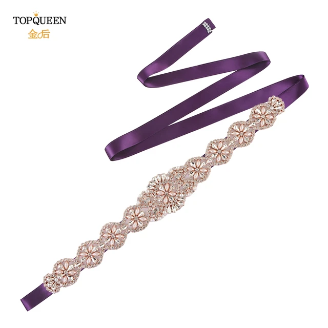 TOPQUEEN S161-RG Bridal Wedding Rose Gold Party Belts for Women Fashion Rhinestone Ribbon Fancy Sash Formal Prom Dress Belt Purple Ribbon