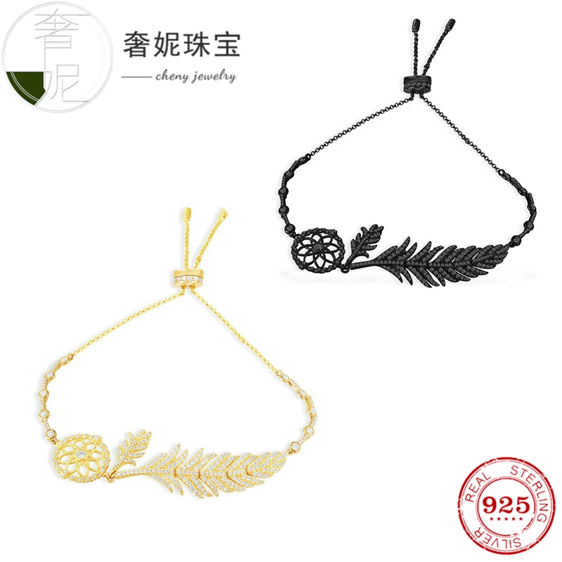 

cheny fit s925 sterling silver bracelet black gold color bangle leaves shape with crystal fashion luxury decoration for womens