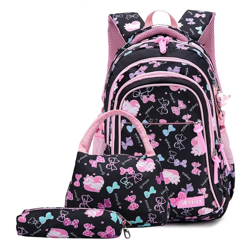 Новинка; 3 комплекта; водонепроницаемые детские школьные сумки для девочек; школьные рюкзаки принцессы; Детский комплект с принтом; школьный рюкзак для детей; mochila Infantil - Цвет: A black