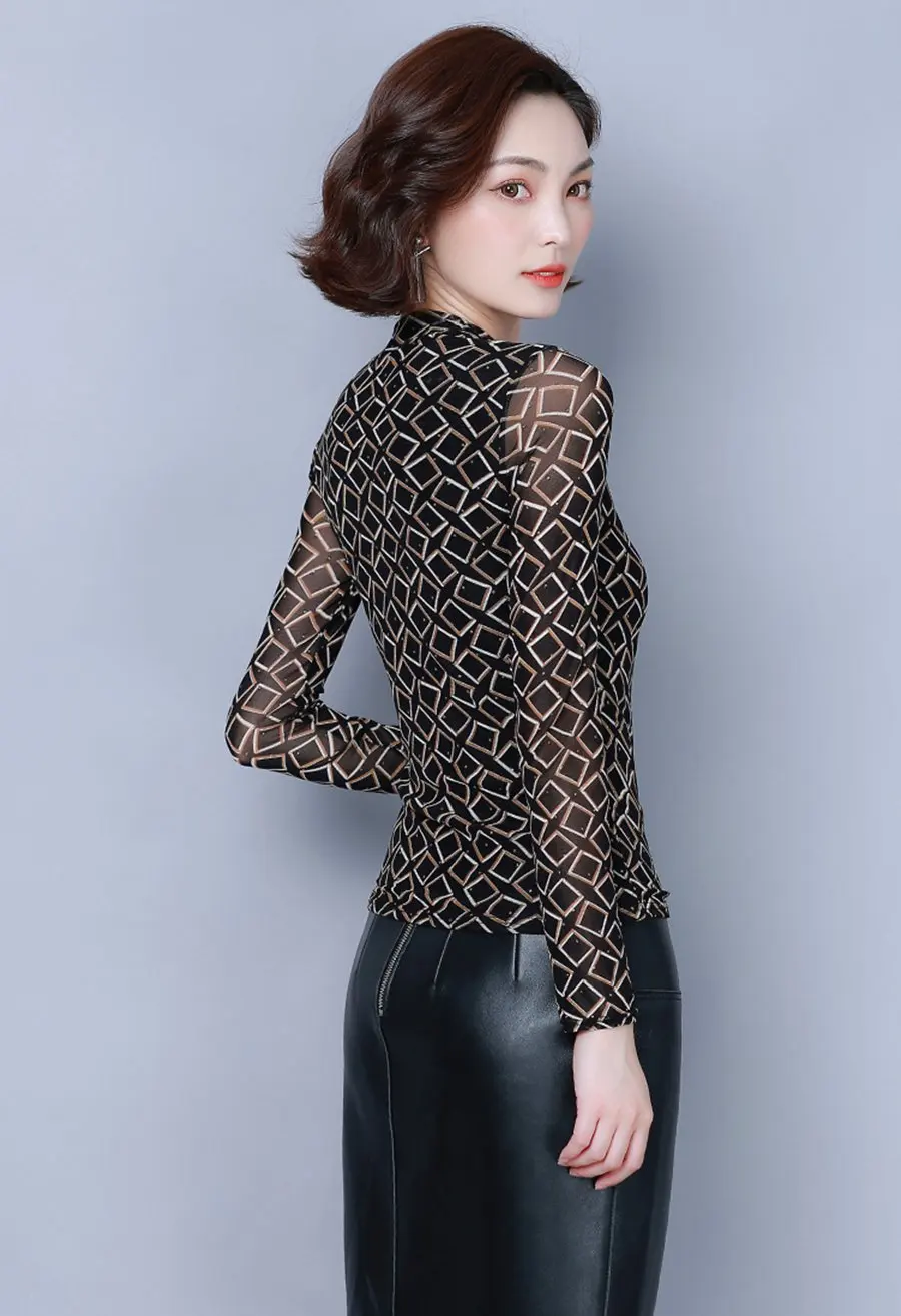 Blusas Mujer De Moda, женский зимний топ, Повседневная Блузка с принтом, базовая, длинный рукав, сетка, тонкая, для офиса, для девушек, топы размера плюс, Blusas