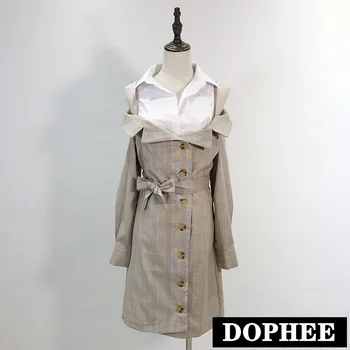 

2019 Women's Stitching Fake Two-piece Vintage Check Long-sleeved Strapless High Waist Dress