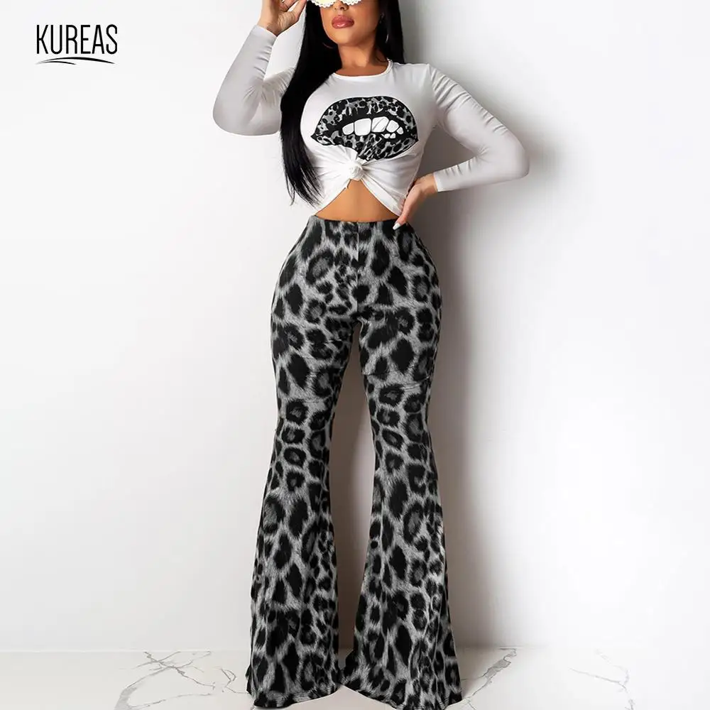 

Kureas Women Outfit African Clothes Leopard Print Two Pieces Set Long Sleeve T Shirt & High Waist Flared Pants Suit