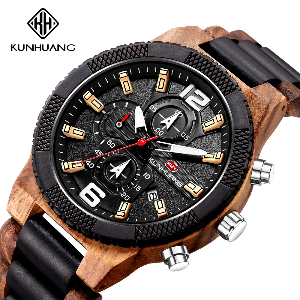 KUNHUANG новые спортивные деревянные часы многофункциональные кварцевые мужские часы деревянные часы большие часы KH1019 - Цвет: A