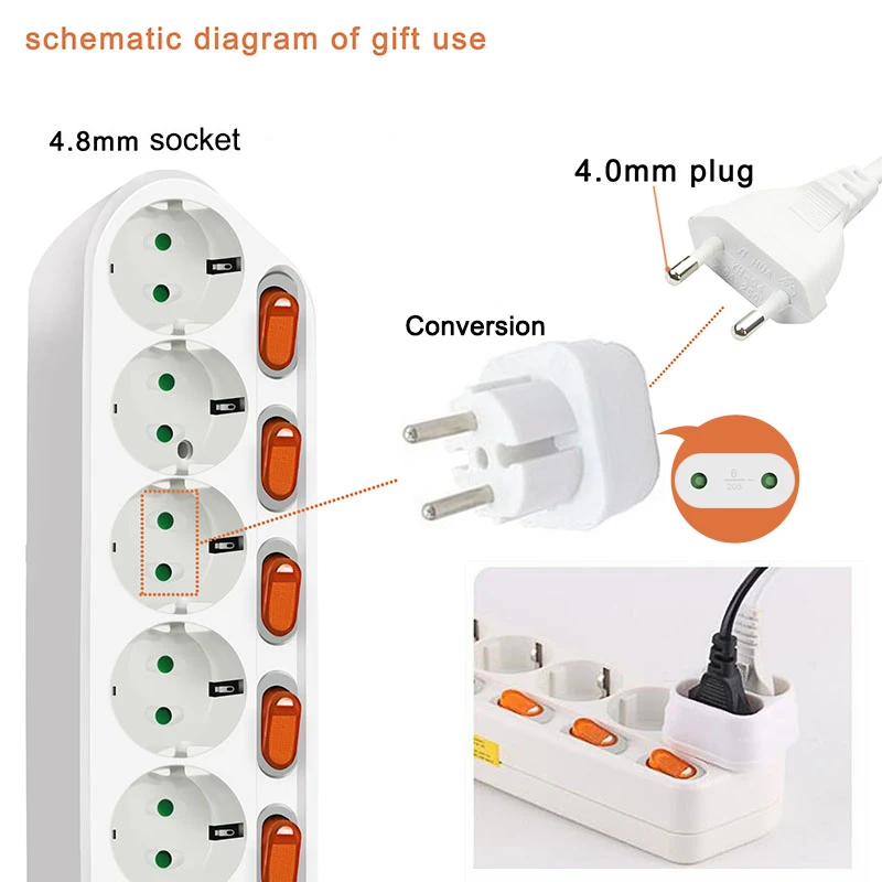 удлинитель Штепсельная Вилка европейского стандарта 5AC розетки 16A 250В защита от