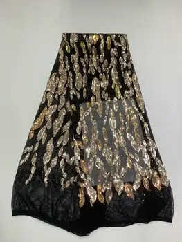 

high-end French champagne/gold sequins 3D embroidery lace fabric, high quality African tulle lace fabric sequins wedding Nigeria