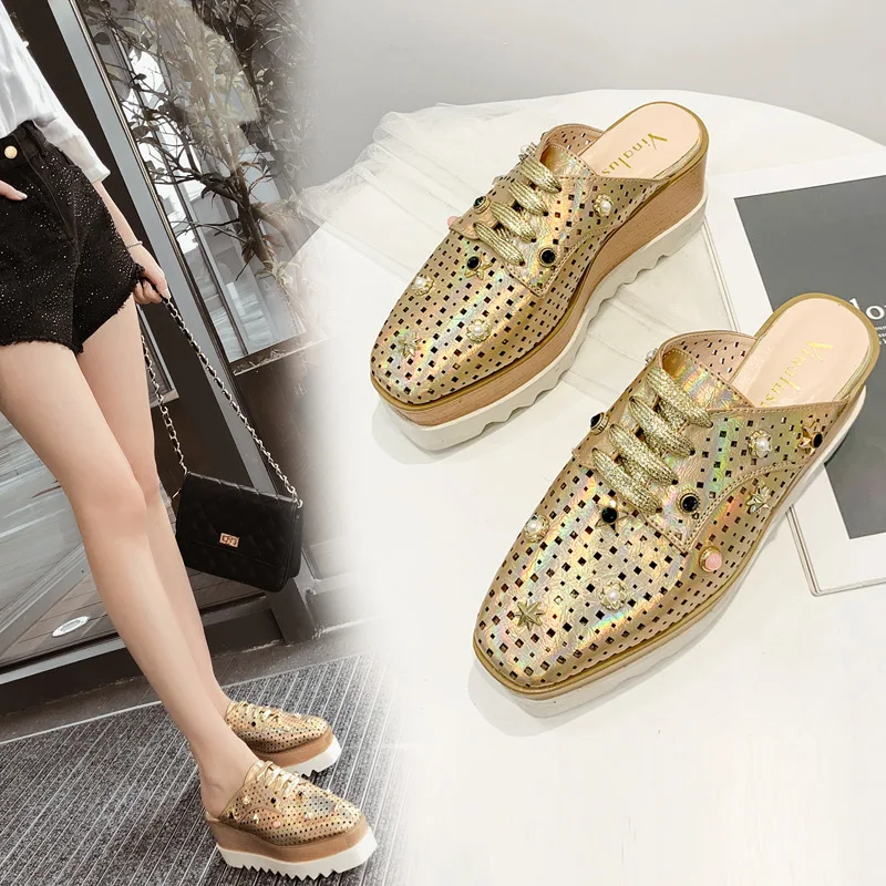 

Square Toe Shoes Med Designer Slides Fretwork Heels Slippers Platform On A Wedge Shose Women Loafers Jelly Flip Flops Luxury