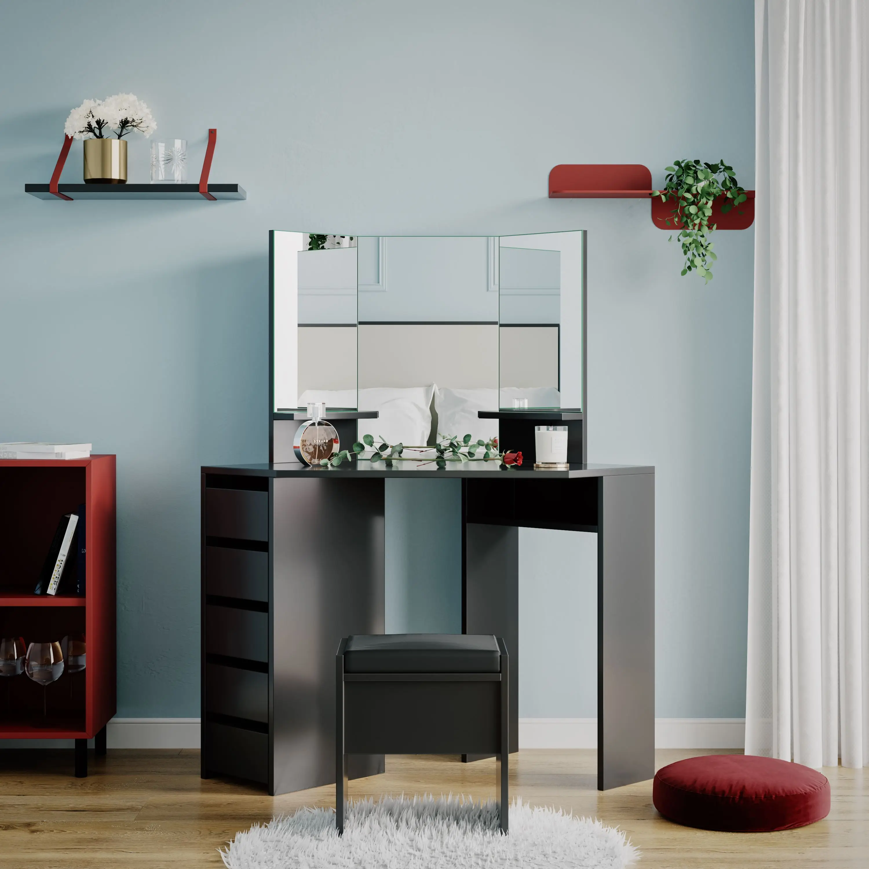 Big Promo Panana Dressing Table With Mirror Curved Pentagon Shape Modern Dresser Desk For Bedroom Jewelry Makeup Organizer White