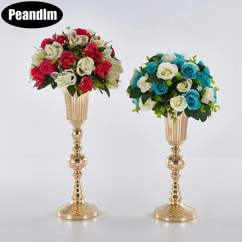 

PEANDIM 10pcs/lot Gold Flower Vase Party Road Lead Flower Pot Wedding Flower Column Stand Table Centerpieces For Home Decoration