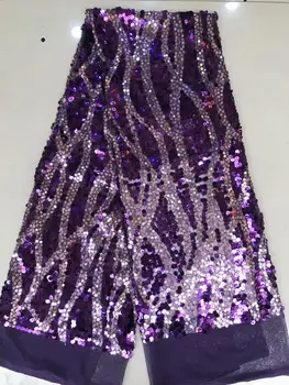 

French Purple Lace Fabric High Quality African Nigerian Embroidered Tulle Lace Fabric With sequins Tassels For Wedding Dress FFD