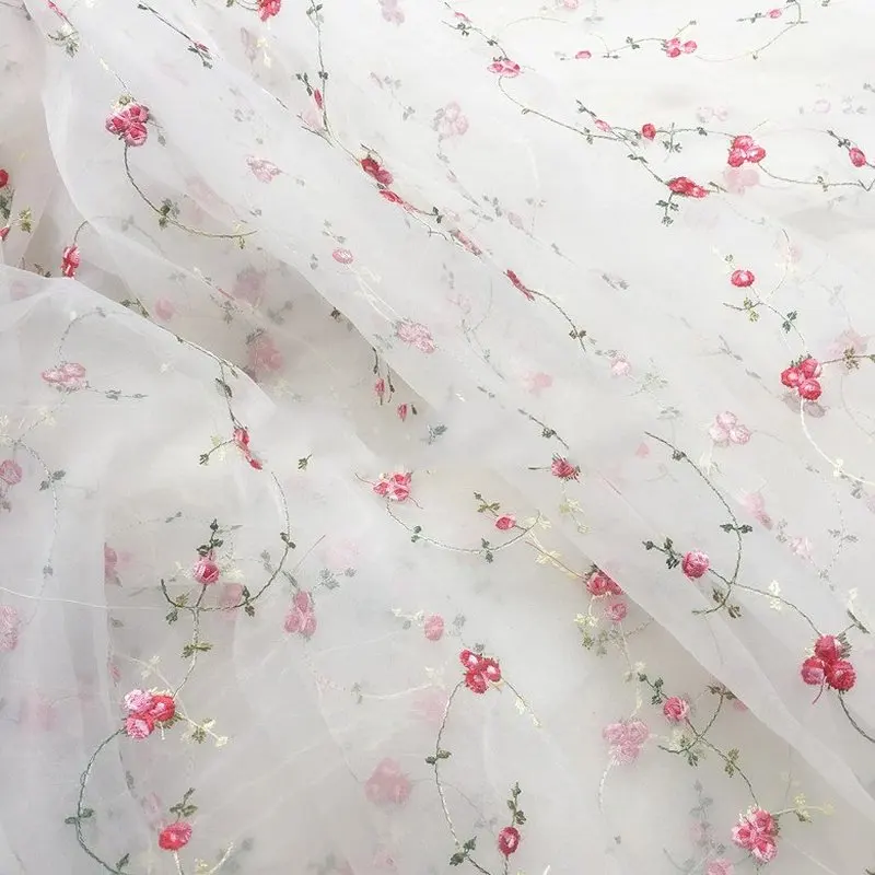 

GLace 3Y/lot Red Small flower embroidered lace organza fabric for dress home curtain wedding decoration TX1239