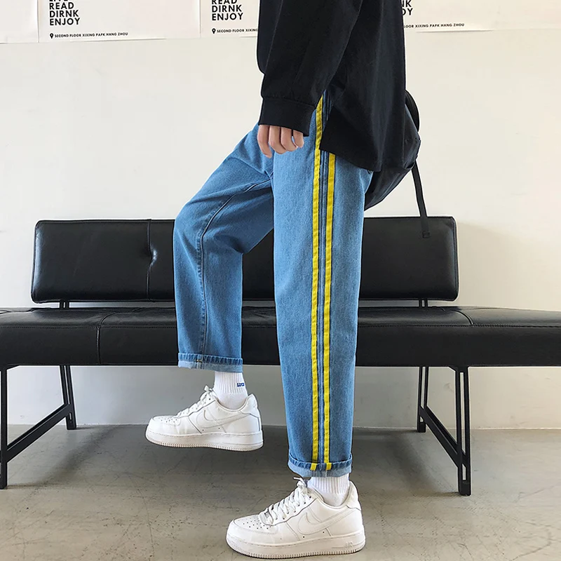 Zhong Blue With Belt Мужские шаровары Харадзюку, джинсы, джинсовые штаны, уличная одежда, широкие брюки, синие джинсы, Мужские корейские модные брюки - Цвет: Zhong Blue With Belt