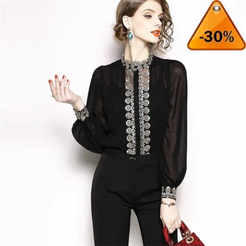 

Embroidery Women Elegant Blouse Shirt Female Fashion Top Designer Party Chiffon Chemise Office Womens Tops And Blouses