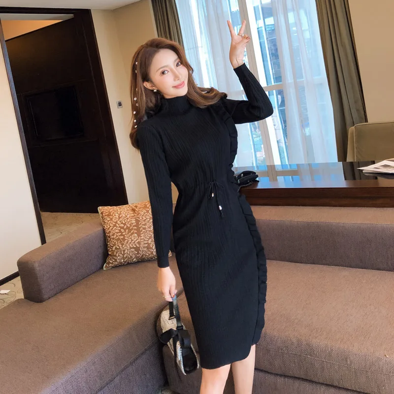 

2018 Winter New Style Korean-style Elegant Slim Fit Knitted Lace-up Waist Hugging Frilled Dress Sweater Women's