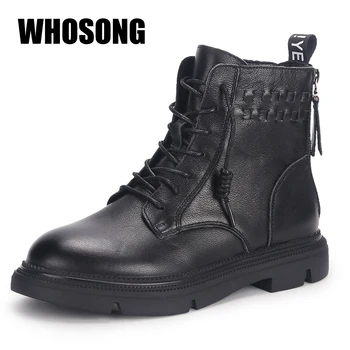 

Cow Women Boots Girls Ankle Botas Woman Platform Flats Ladies Real Leather Shoes Female Brand Motorcycle Boots Black Shoes New