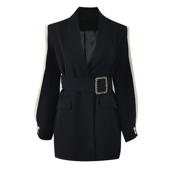 

Women Black Patchwork Pocket Sash Button Chiffon Mesh Long Sleeve Shawl Collar Blazer Oversize