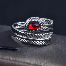 

Foydjew Red Diamond Plated S925 Sterling Silver Feather Rings Trendy Jewelry Men's and Women's Adjustable Open Retro Finger Ring