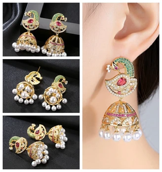 

New Moon Bohemia Dangle Earring With Pearl Tassel Hollow Design Yellow Gold Peacock Animal Phoenix Drop Earrings Women Jewelry