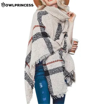 

OWLPRINCESS New Fashionable Stripe Women's Turtleneck Sweater Loose Tassel Warm Winter Cloak Sweater Pullover Femme Knitwear