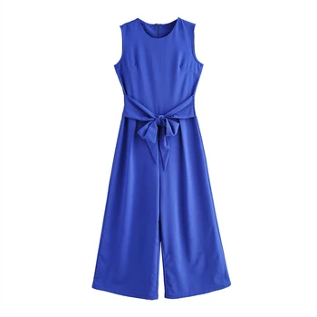 

Stylish solid bule women jumpsuit Elegant O neck sashes Back zipper ladies long jumpsuit Summer beach playsuit 2020