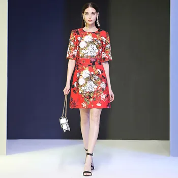 

Seifrmann Summer Women Fashion Runway A-line Dress Short Sleeve Crystal Button Sashes Floral Print Female Short Dresses vestidos