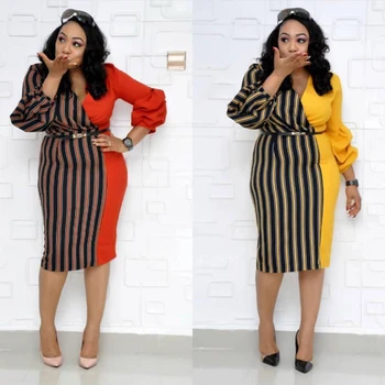

Lady Oversize Dashiki African Dress Women V-neck Long Sleeve Bazin Ankara Skirt Fashion Sexy Elegant Dress Stripe Print Clothes