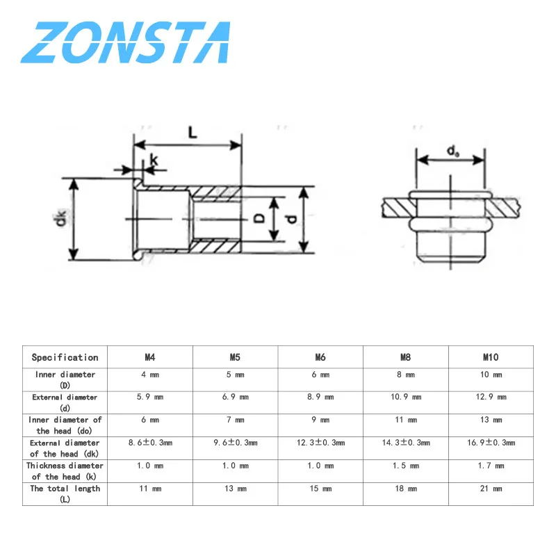 M4 M5 M6 M8 M10 304 Stainless Steel Rivet Nuts Rivnuts Knurled Steel Head Nutserts Flat Head Threaded Insert Nuts Assortment