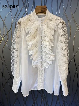 

100%Cotton Blouse Shirts 2019 Autumn Fashion White Shirts Women Hollow Out Embroidery Patchwork Long Sleeve Sexy Tops Shirt