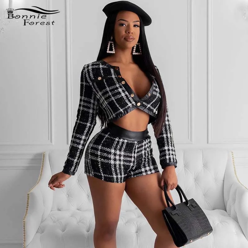 Comprar Chaqueta y pantalones cortos de cuero Vintage de bosque Bonnie conjunto de 2 piezas de moda elegante a cuadros de mujer Blazer estampado conjunto de chándal de oficina