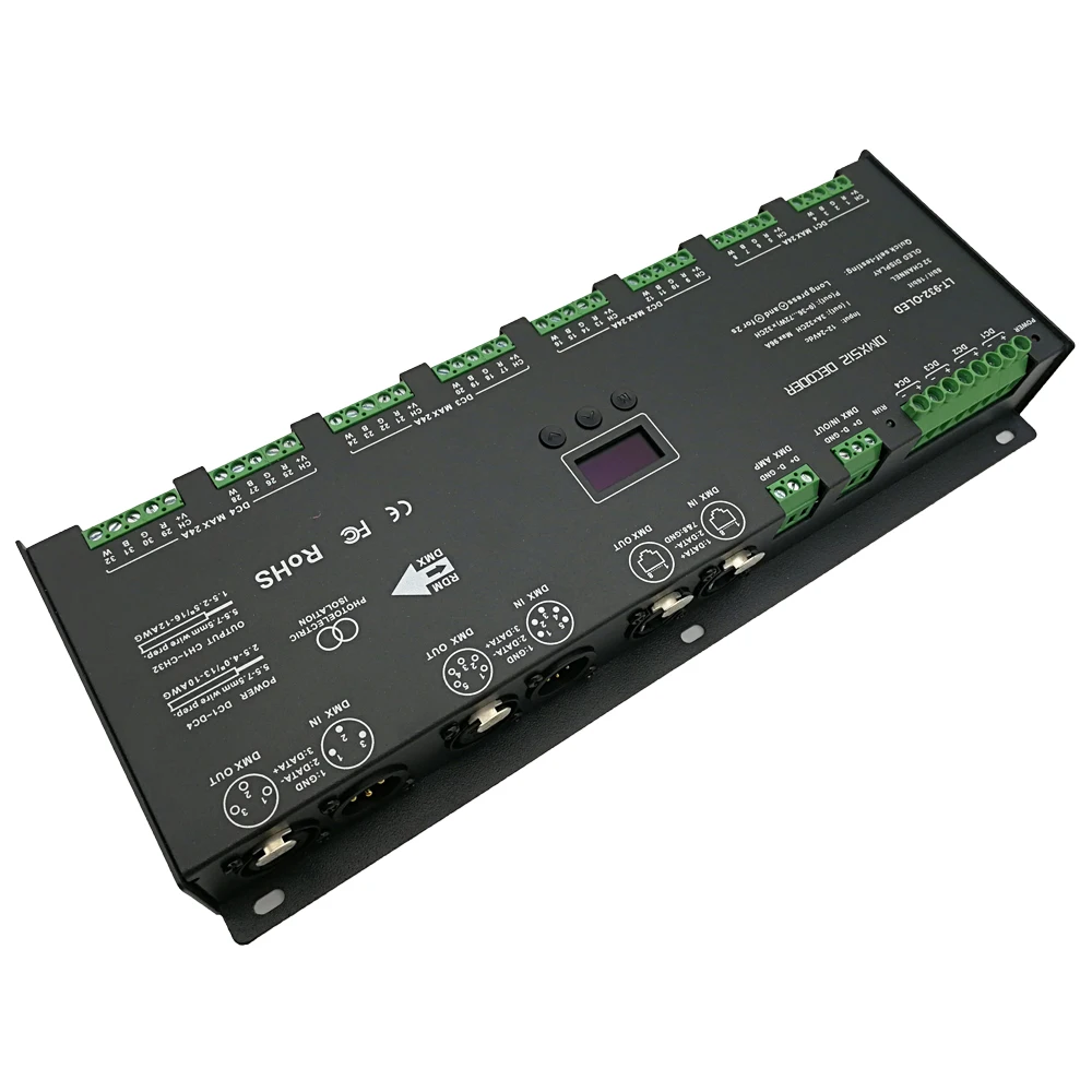 Новый 32 канала DMX PWM декодер DC12 24V Вход 3A * 32CH 96A 2304W Выход RGB/RGBW ленты контроллер XLR 3 5