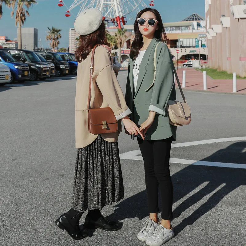 

2019 Spring And Autumn New Style Small Suit Women's Korean-style Solid Color Mid-length CHIC Casual Versatile One-Button Suit Co