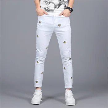 

Free shipping summer 2020 new men's small feet embroidery cropped jeans thin section casual pencil small jeans