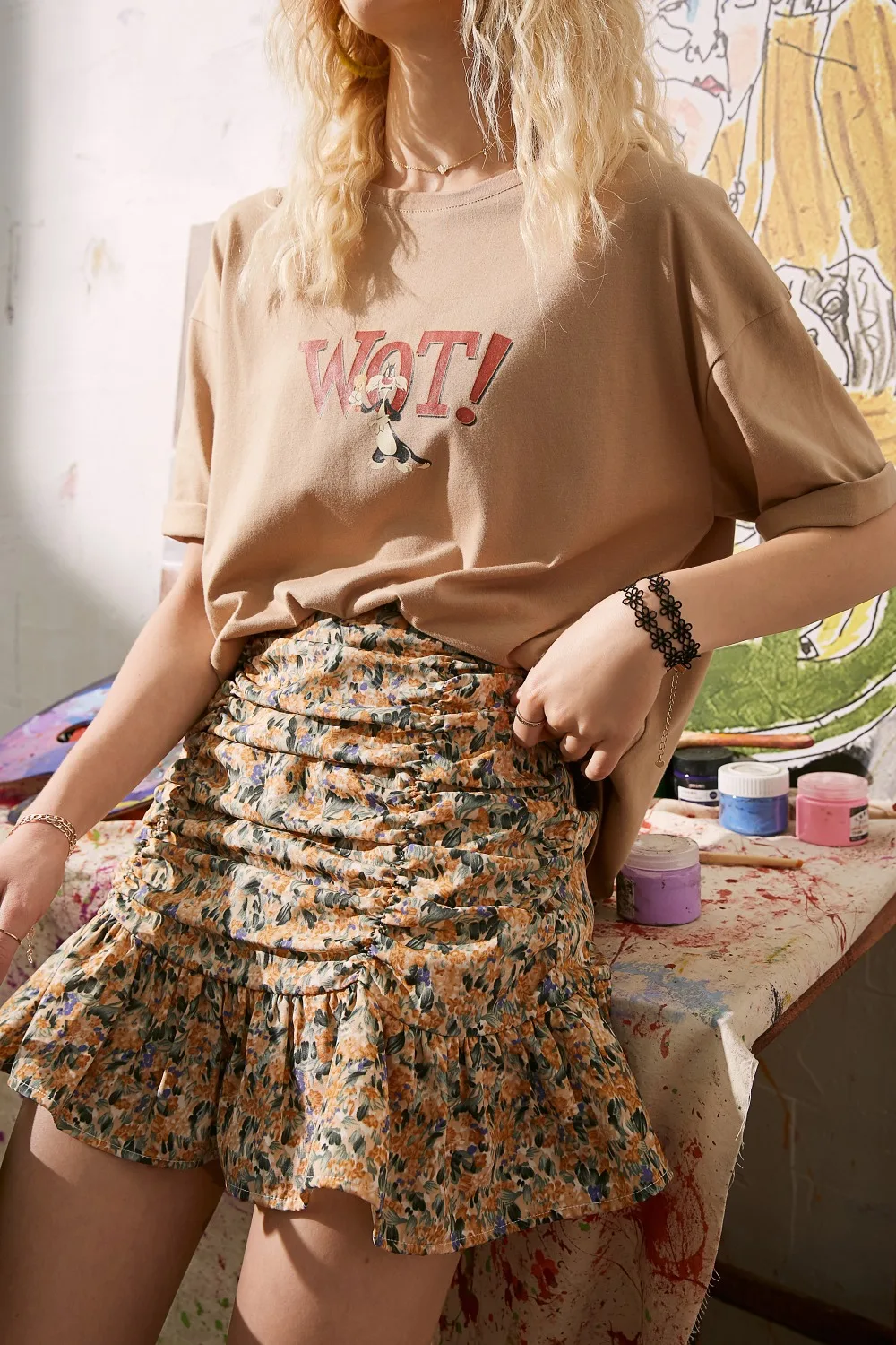 ELFSACK Yellow Oil Painting Floral Print A Line Women Ruffle Skirts 2020 Summer ELF Purple High Waist Korean Girly Holiday Skirt