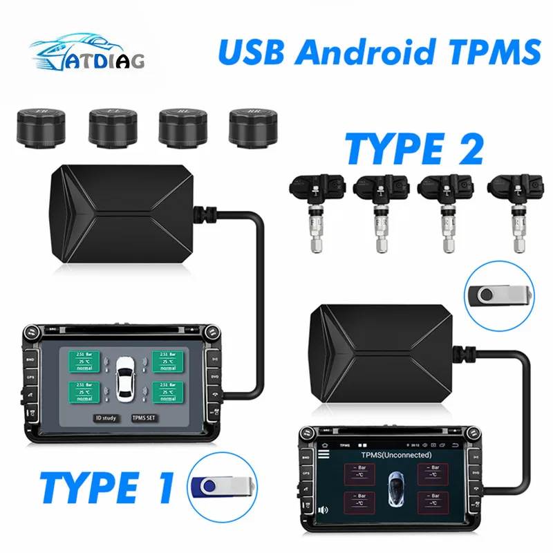 Система мониторинга давления в шинах TPMS USB Android 4 внутренних датчика навигация на