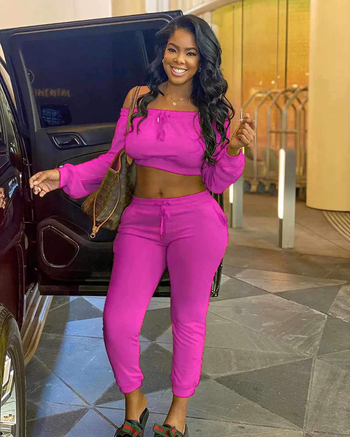 

Long-sleeved sports suit solid color autumn elastic waist running suit two-piece women's women's 2020 women's clothing knitted s