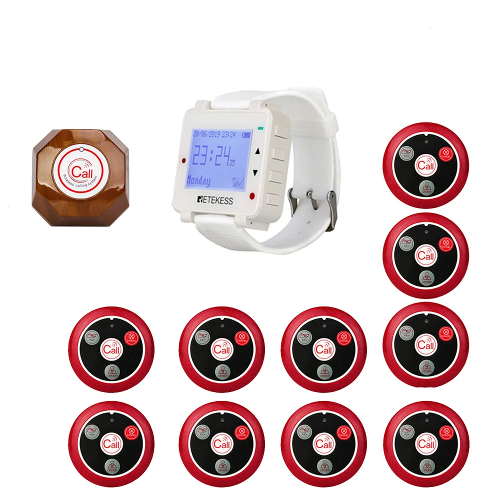 White Watch RETEKESS Беспроводная система вызова ресторан пейджер звуковой сигнал 1 часы приемник+ 1 кнопка для кухни+ 10 Кнопка вызова для клиентов - Цвет: White Watch